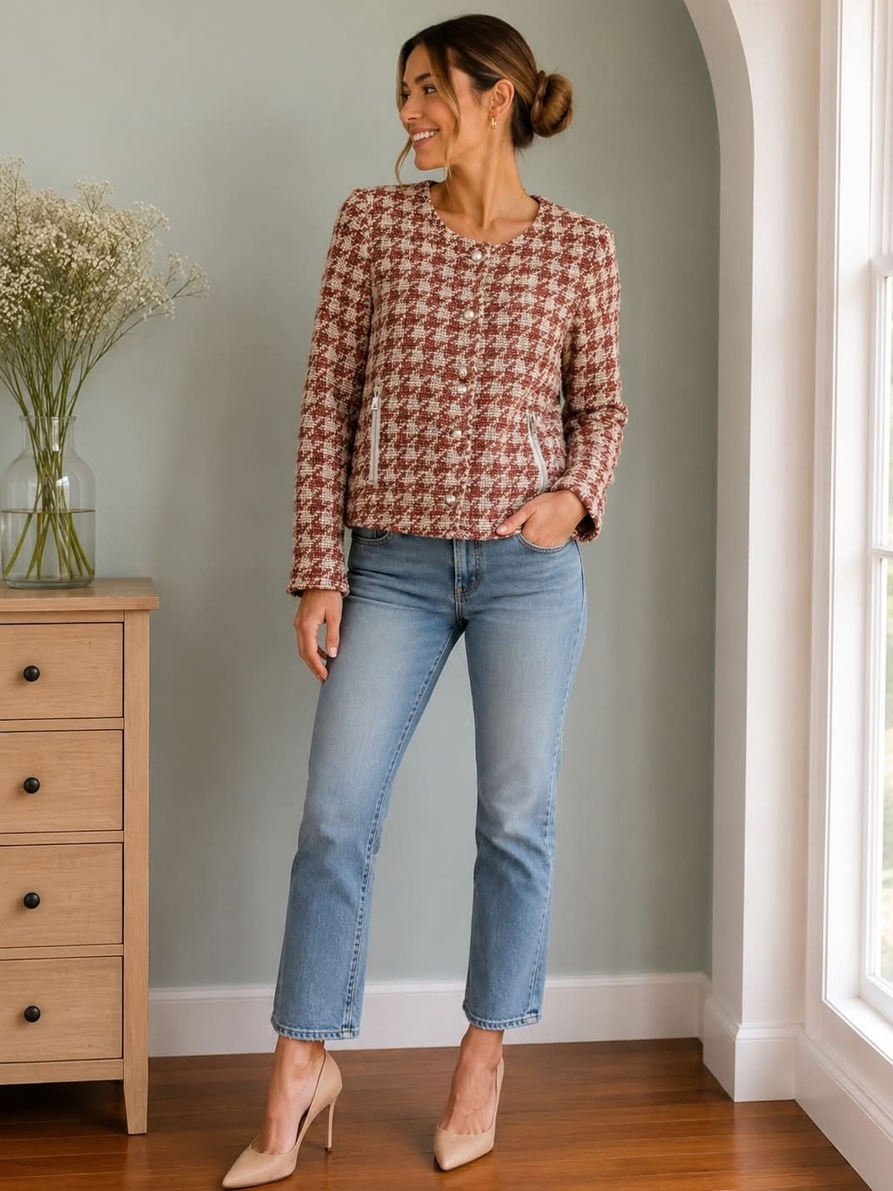 Rust Houndstooth Tweed Round-Neck Blazer